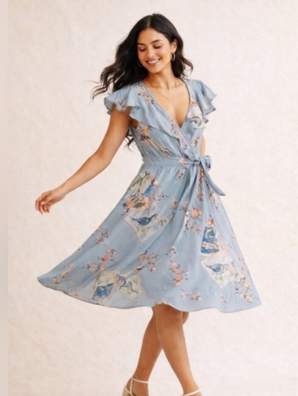 Anthropologie Maeve Blue Bird Print Ruffle Rosalia Wrap Dress 8